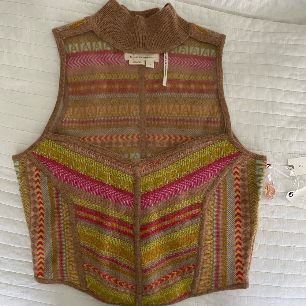 anthropologie halter neck see-through multicolor sweater, size medium